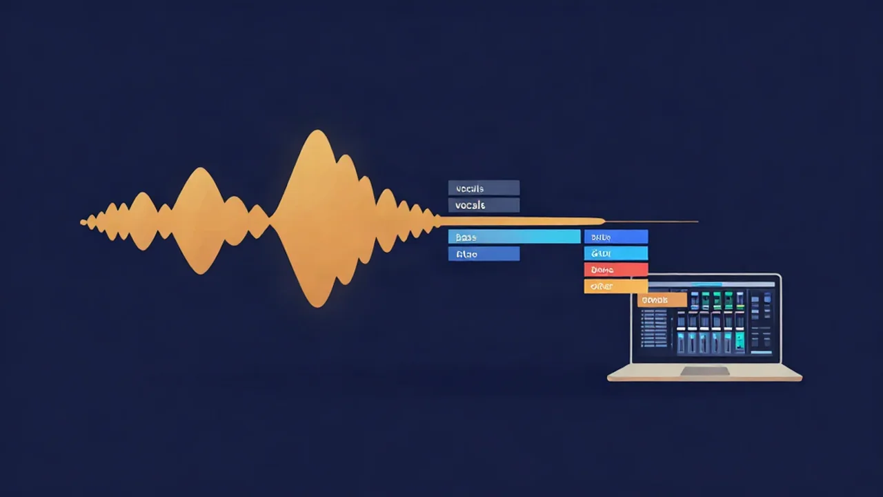 AI stem splitter separating a song into vocals, drums, bass, and other stems in a producer's browser