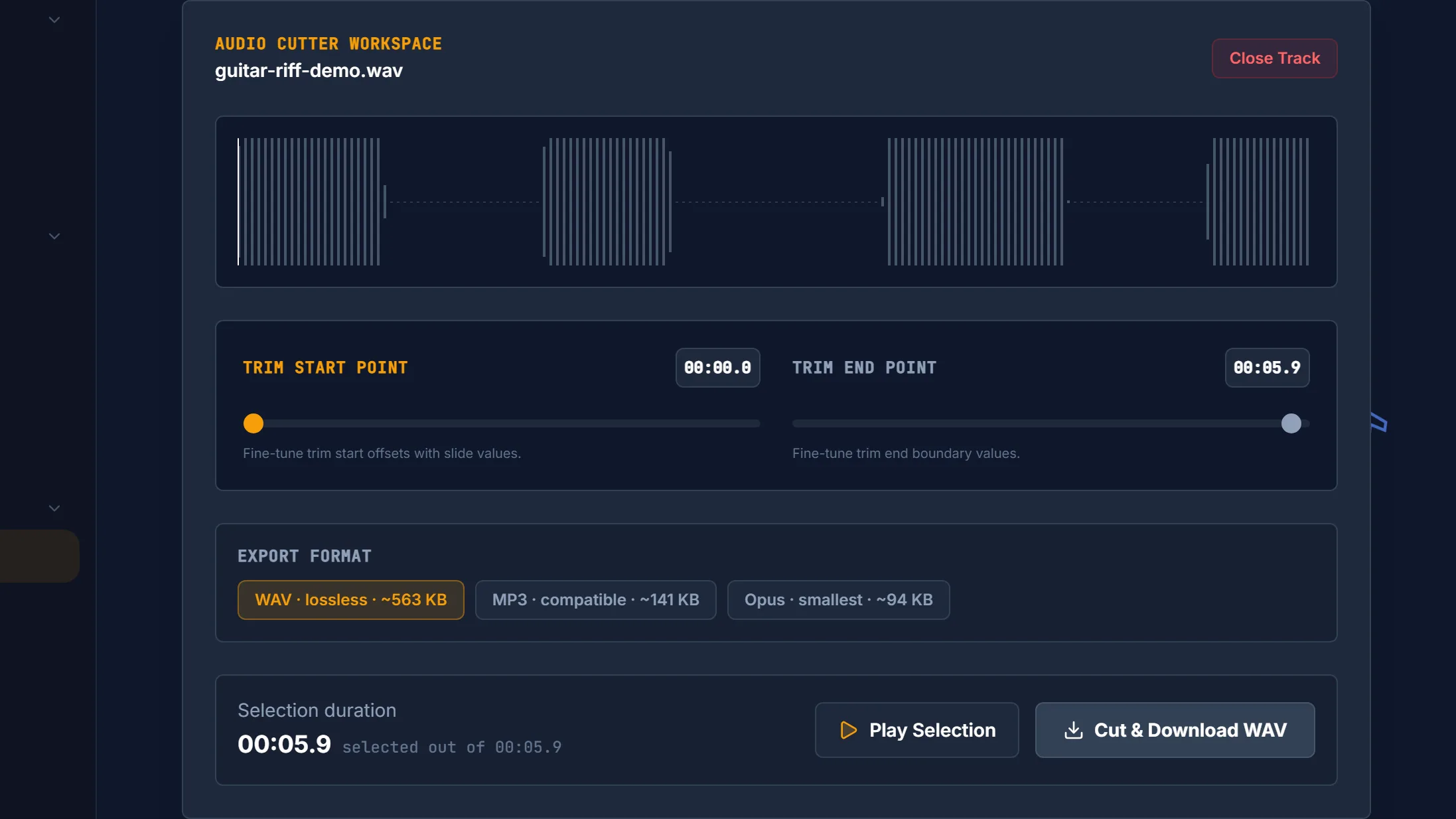 Screenshot of the Vocal Cut audio cutter showing a loaded waveform with start and end trim handles set on a section of the clip