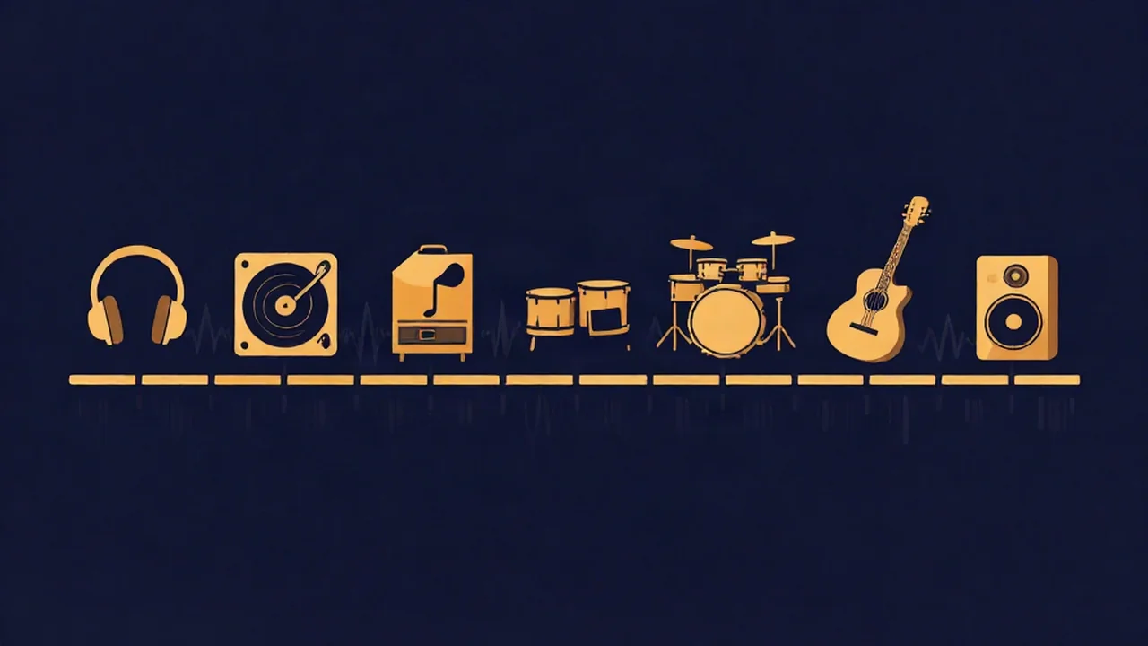 Music genre icons lined up along an amber tempo scale, illustrating typical BPM ranges by genre you can check with a BPM finder