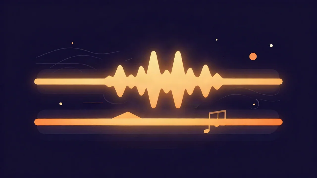 Flat-vector illustration of vocal isolation splitting one audio clip into a separate vocal track and instrumental music bed