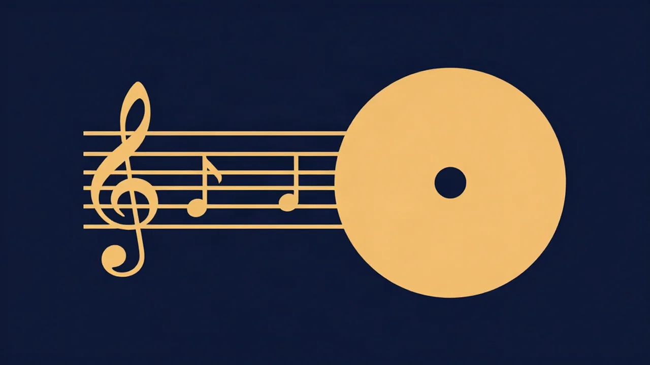 Key finder concept art for key signatures: an amber treble clef staff with notes leading into a record disc on a navy background