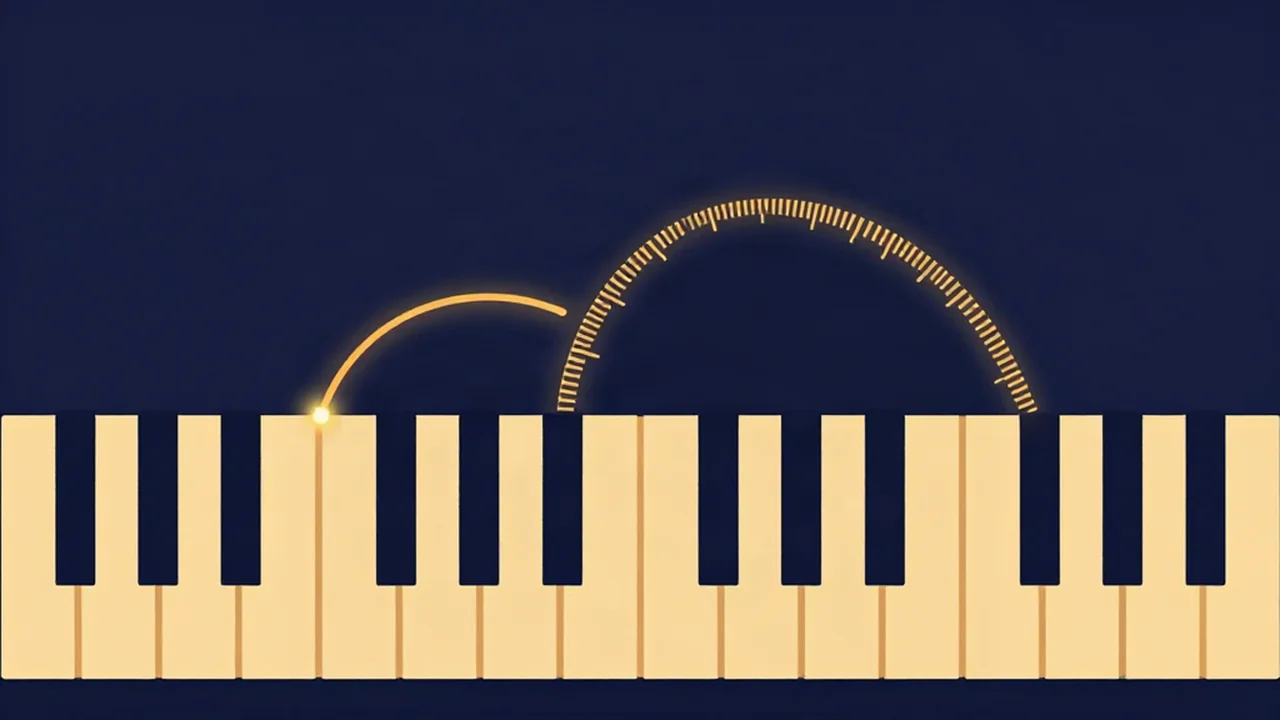 Piano keys with an arc for a one-semitone step and a finely ticked arc for cents, as used by a pitch changer