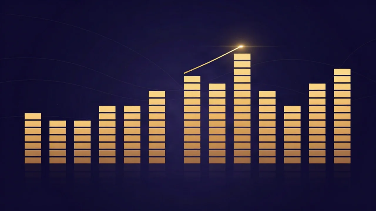 Flat illustration of what a spectrum analyzer shows: amber frequency bars rising and falling on a deep navy background with a glowing gold peak-hold line