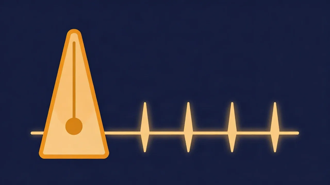 Flat vector illustration of an amber metronome beside evenly spaced glowing beat pulses on a navy timeline, showing BPM as used by a BPM finder