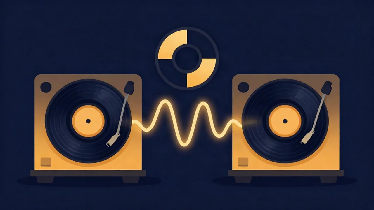Flat vector illustration of two turntables joined by one amber sound wave beneath a key wheel with highlighted segments, a key finder guide to harmonic mixing