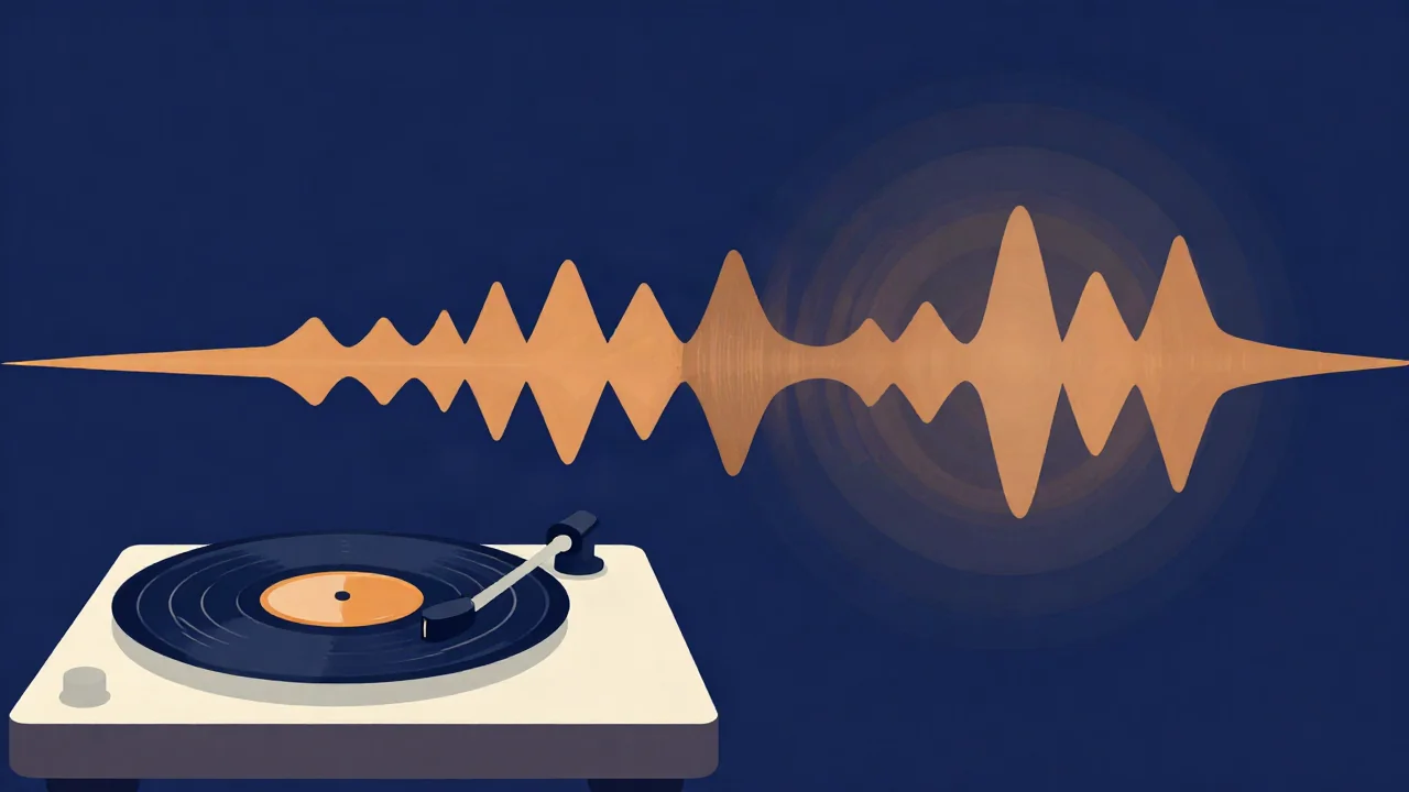 A turntable beside a stretched amber waveform fading into echo rings, illustrating what slowed and reverb does to a song.
