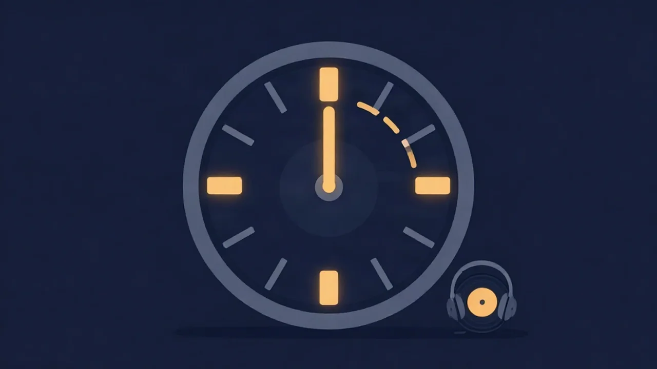 Flat vector illustration of a Camelot wheel drawn as a 12-position clock face with an amber arc linking neighboring keys beside DJ headphones, a key finder guide to harmonic mixing