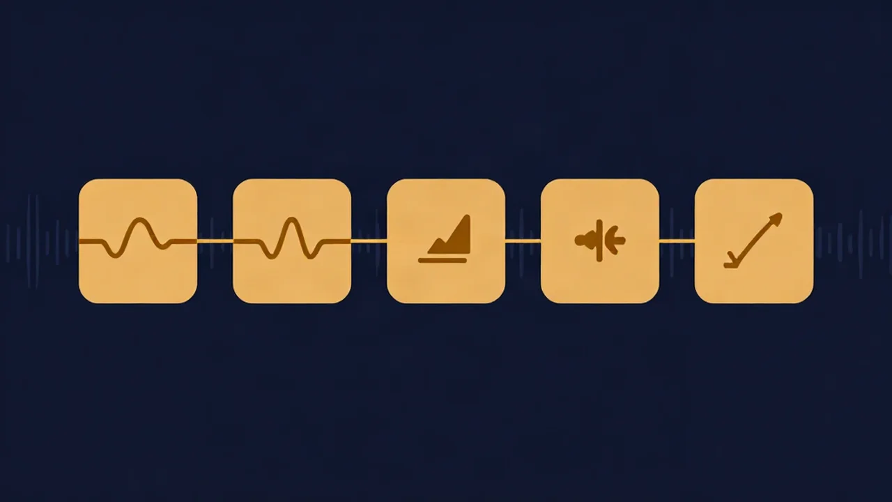 Mastering chain signal flow diagram showing high-pass, EQ, compression, stereo width, and limiter stages in order