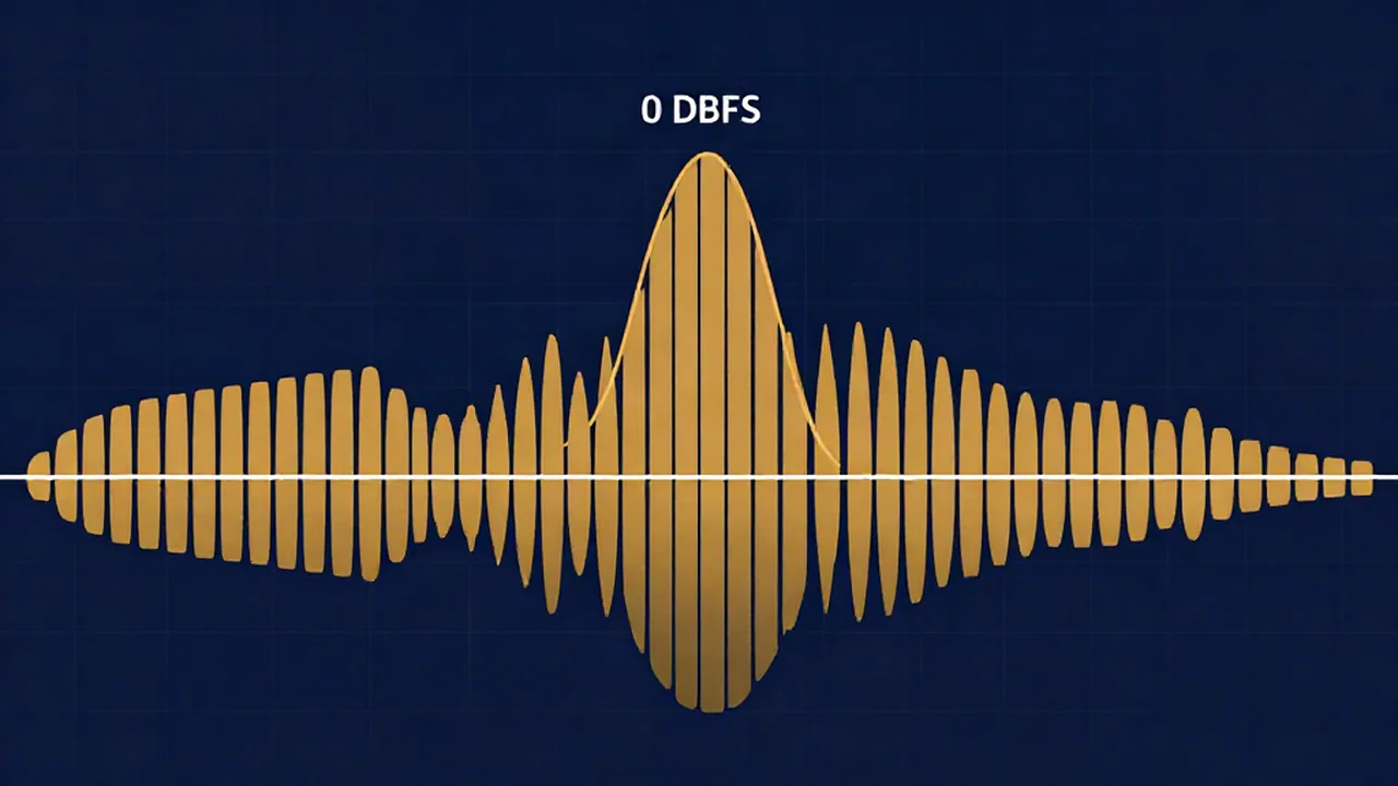 Flat illustration of a digital audio waveform with a smooth reconstructed curve rising above the sample points and crossing a horizontal 0 dBFS line, showing a true peak overshoot measured in dBTP