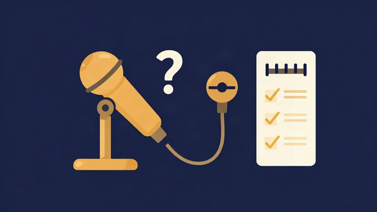 Amber microphone with a question mark beside a troubleshooting checklist, illustrating fixes for a microphone not working