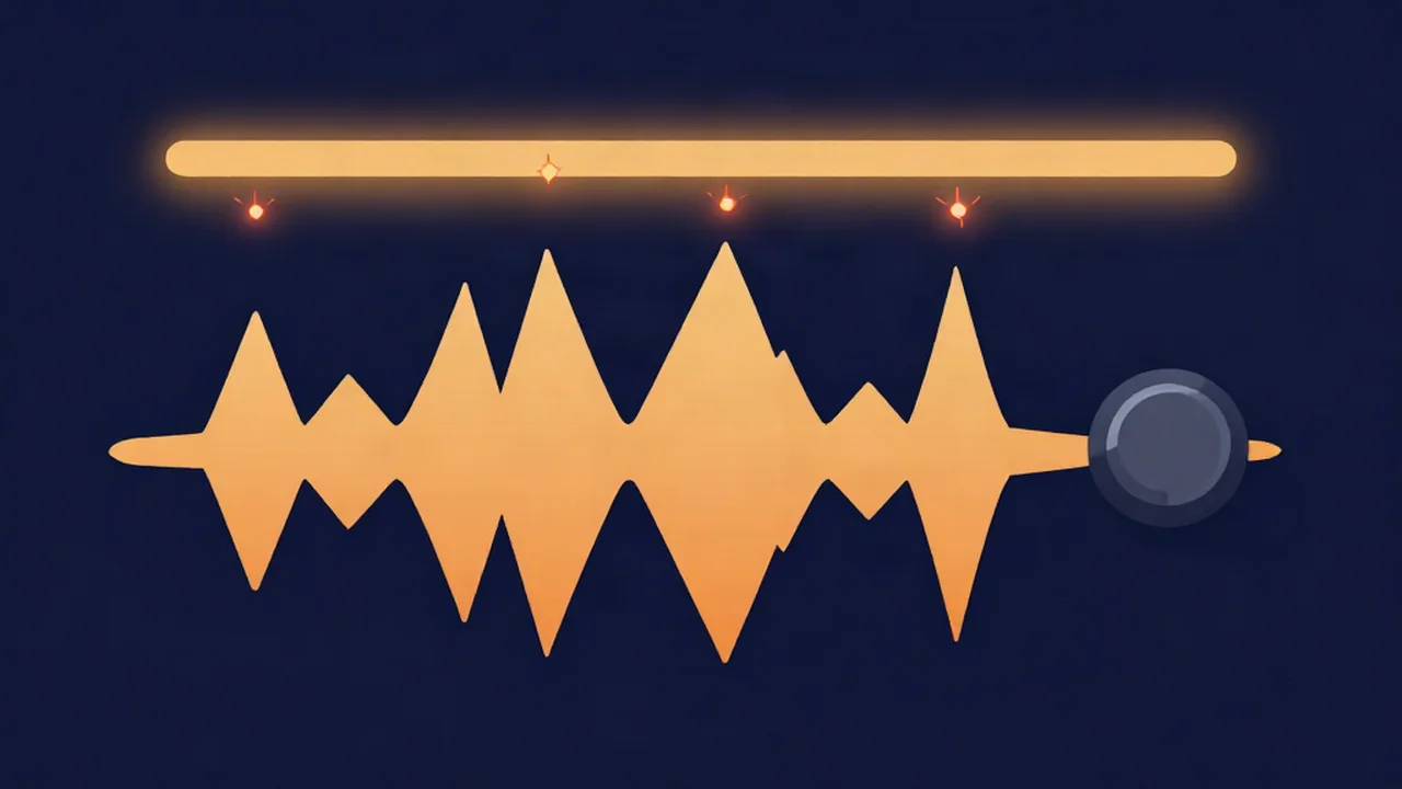Audio mastering distortion illustration: amber waveform peaks hitting a glowing limiter ceiling line with clipping sparks
