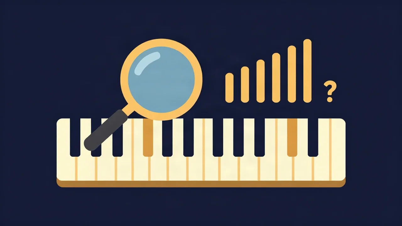 Flat illustration of a magnifying glass over a piano keyboard beside a pitch chart and question mark, for checking a key finder result